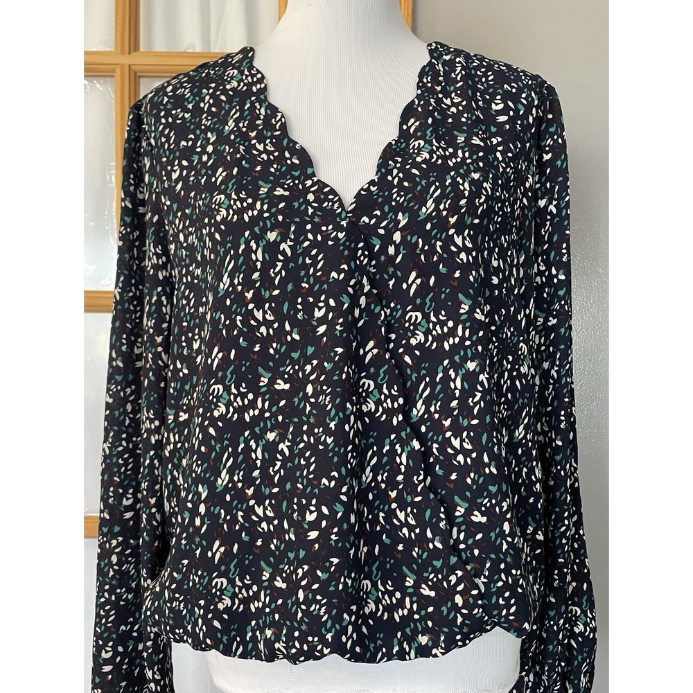 Nine Britton Printed Pullover Blouse L Blue Balloon Sleeve Elastic Waist Career